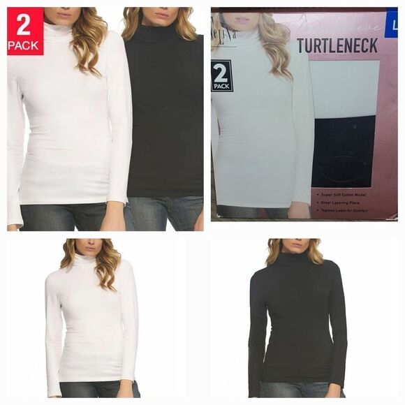 Felina 2-Pack Women Turtlenecks Super Soft Modal Cotton • Black & White • Size L - Picture 1 of 11